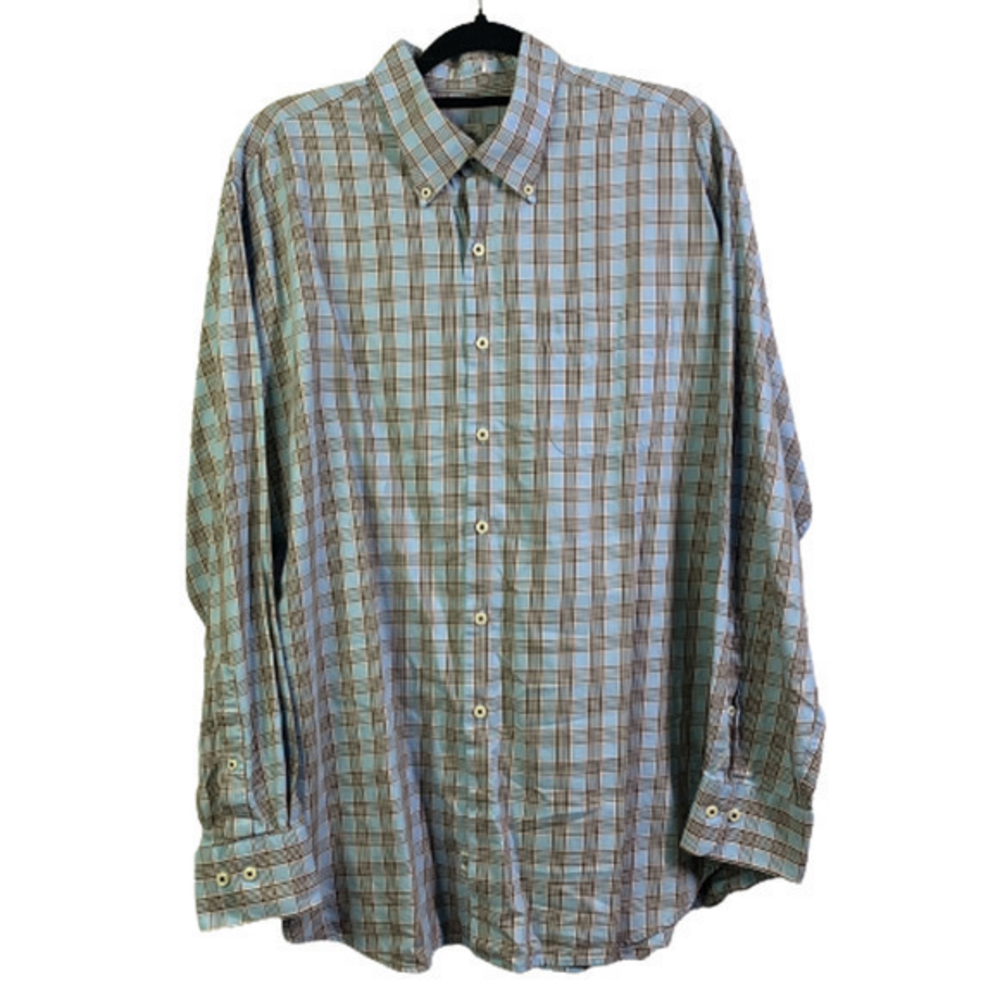 PETER MILLAR Light Blue & Brown Check‎ Plaid Dress Shirt